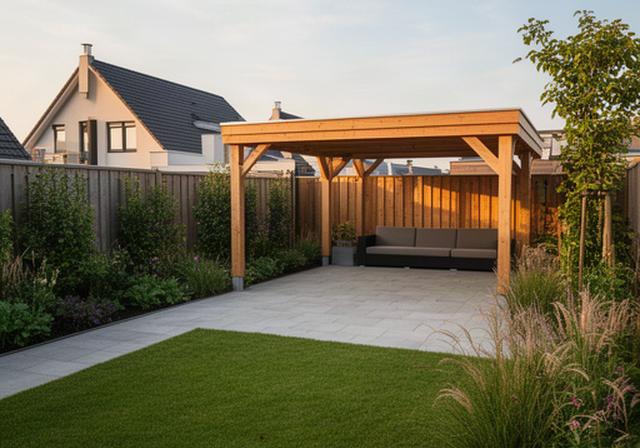 Strakke achtertuin bij een nieuwbouwwoning in Amstenrade met terras en houten overkapping