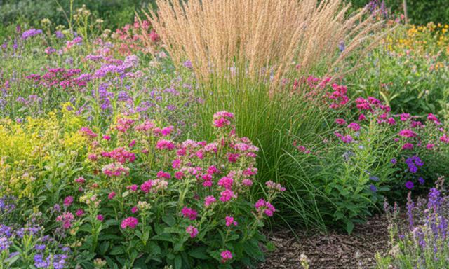 Kleurrijke gemengde border met vaste planten en siergrassen in een Limburgse tuin