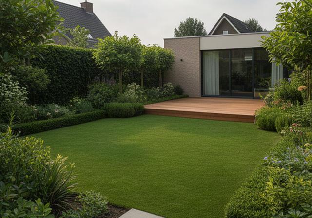 Verzorgde Limburgse achtertuin met strak gazon, groene borders en houten terras in Schinnen