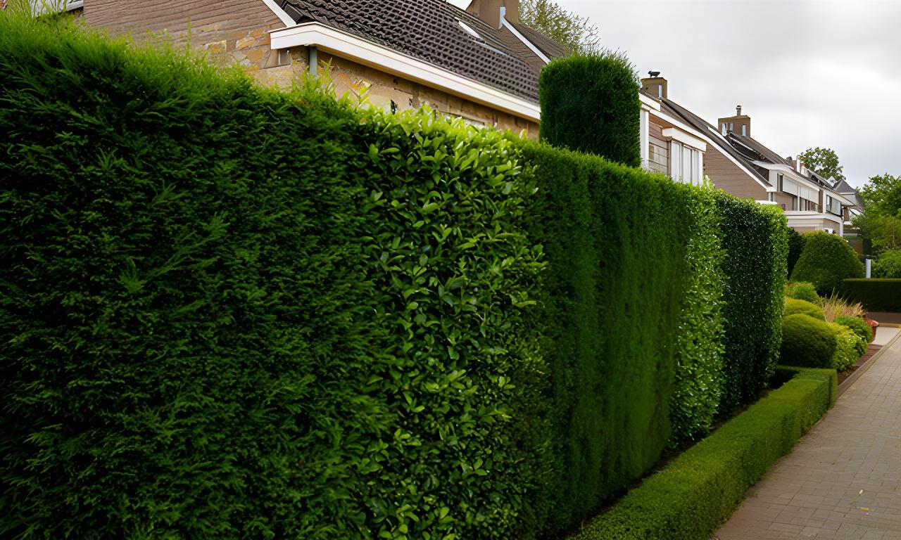 Vakkundig gesnoeide groene haag langs een woning in Schinnen