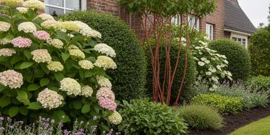 Border op kleigrond met hortensia, viburnum en kornoelje naast een gemetselde woning