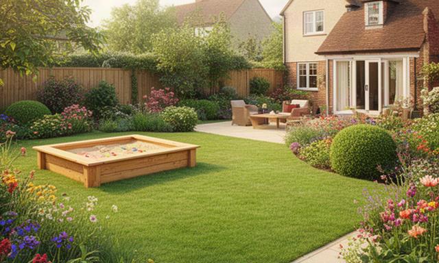 Kindvriendelijke tuin met speelgazon, houten zandbak en veilige beplanting