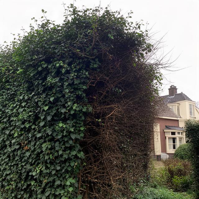 Vier meter hoge overwoekerde haag bij een jaren-30-woning in Schinnen