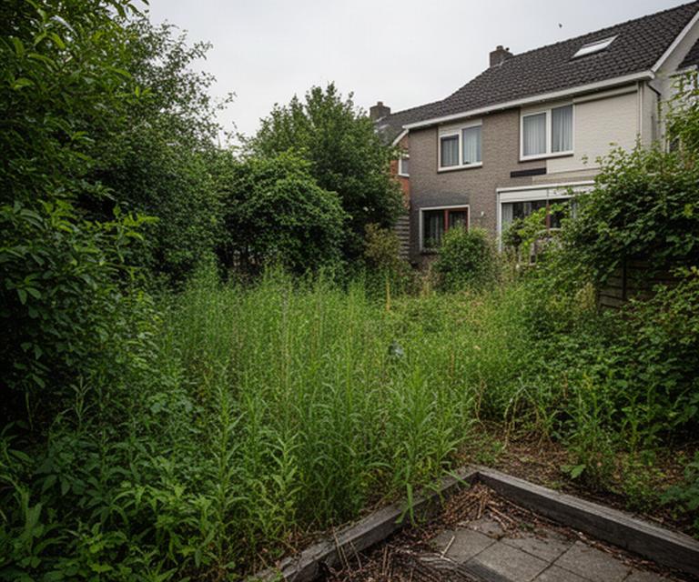 Verwaarloosde achtertuin met hoog onkruid en overwoekerde borders in Limburg