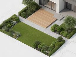 3D-schets van een moderne achtertuin met beplantingsvakken en terras
