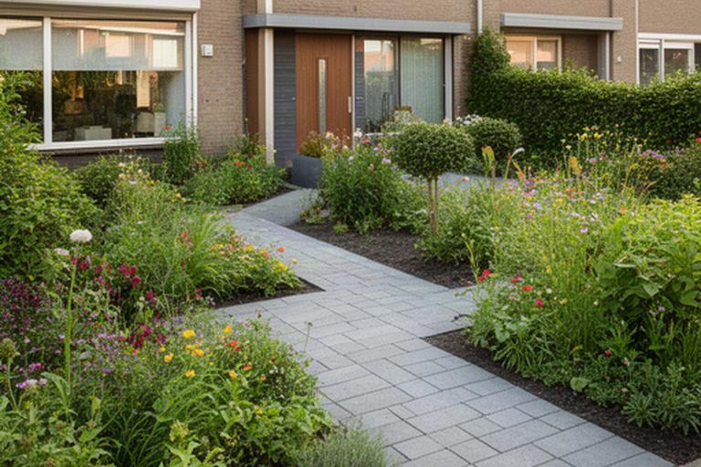 Groene voortuin bij een rijwoning in Schinnen met vernieuwde entree en vaste planten