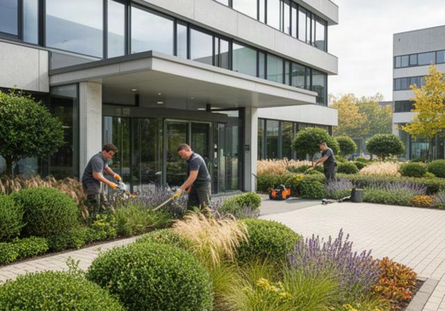 Medewerkers onderhouden representatief entreegroen bij een modern kantoorpand in Limburg