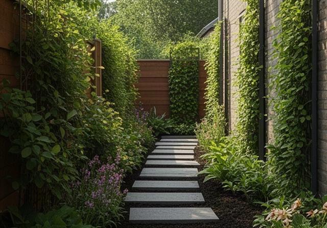 Smal aangelegde zijtuin bij een hoekwoning in Nuth met verticale beplanting en stapstenen